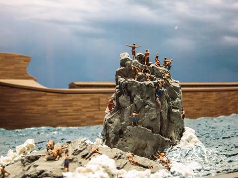 Model of people begging to be allowed onto the Ark