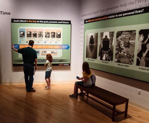 Family looking at museum exhibits